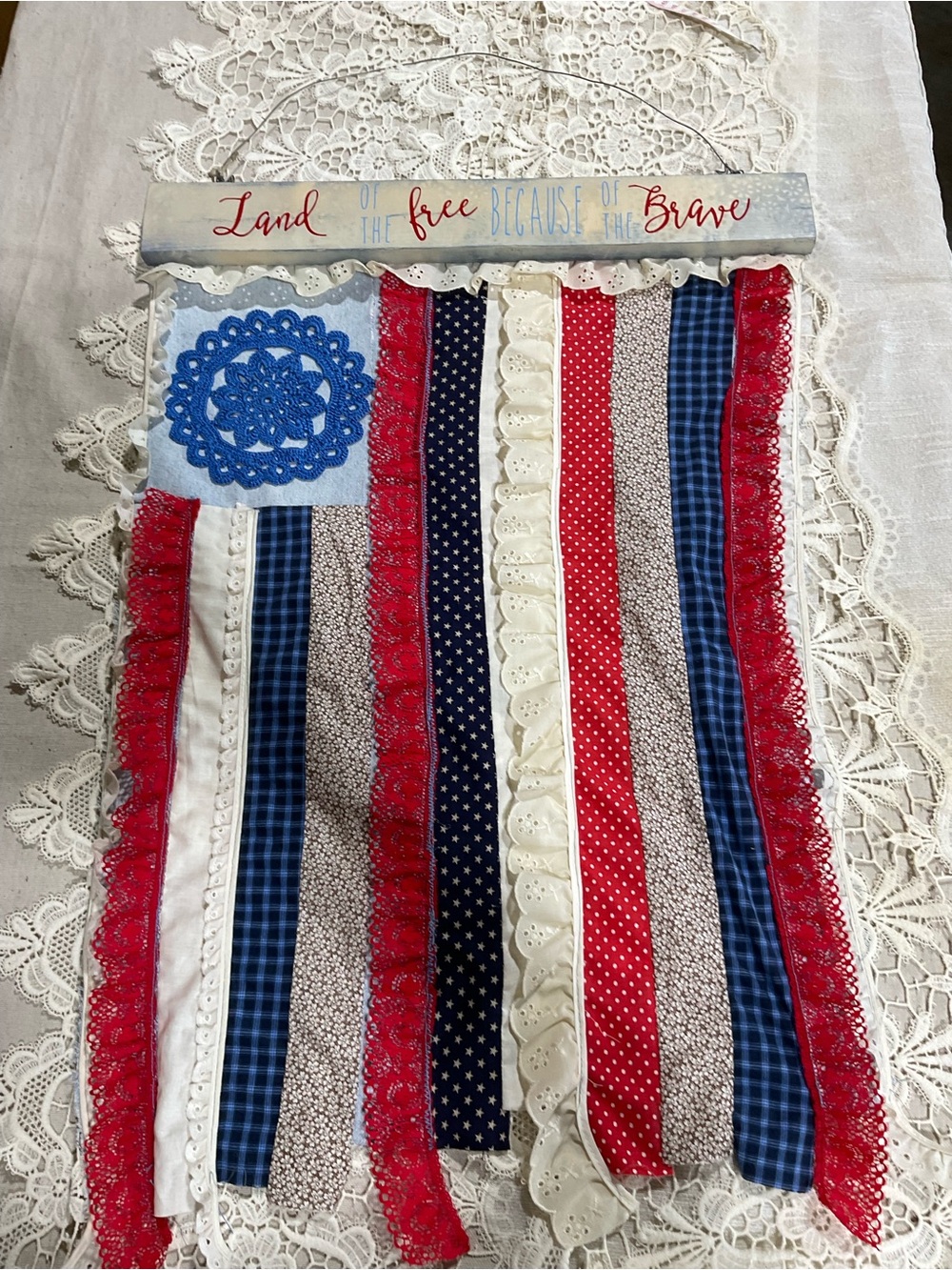 Handcrafted Fabric & Reclaimed Wood Patriotic Wall Hanging